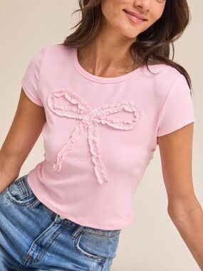 Altard State Lace Bow Baby Tee Pink - Size XS